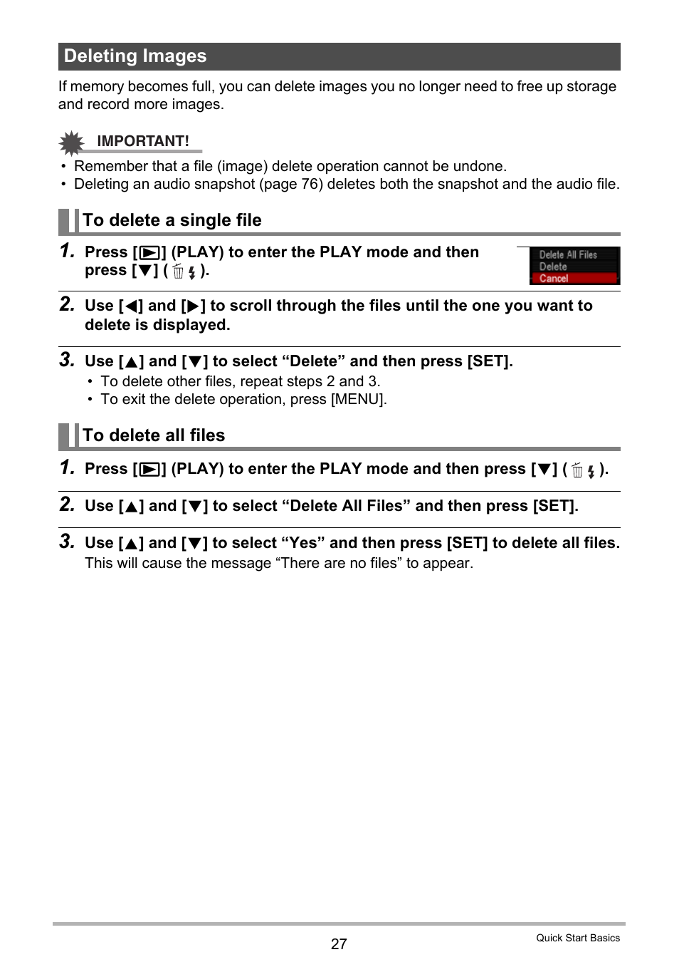 Deleting images, To delete a single file, To delete all files | Casio EXILIM EX-Z670 User Manual | Page 27 / 143