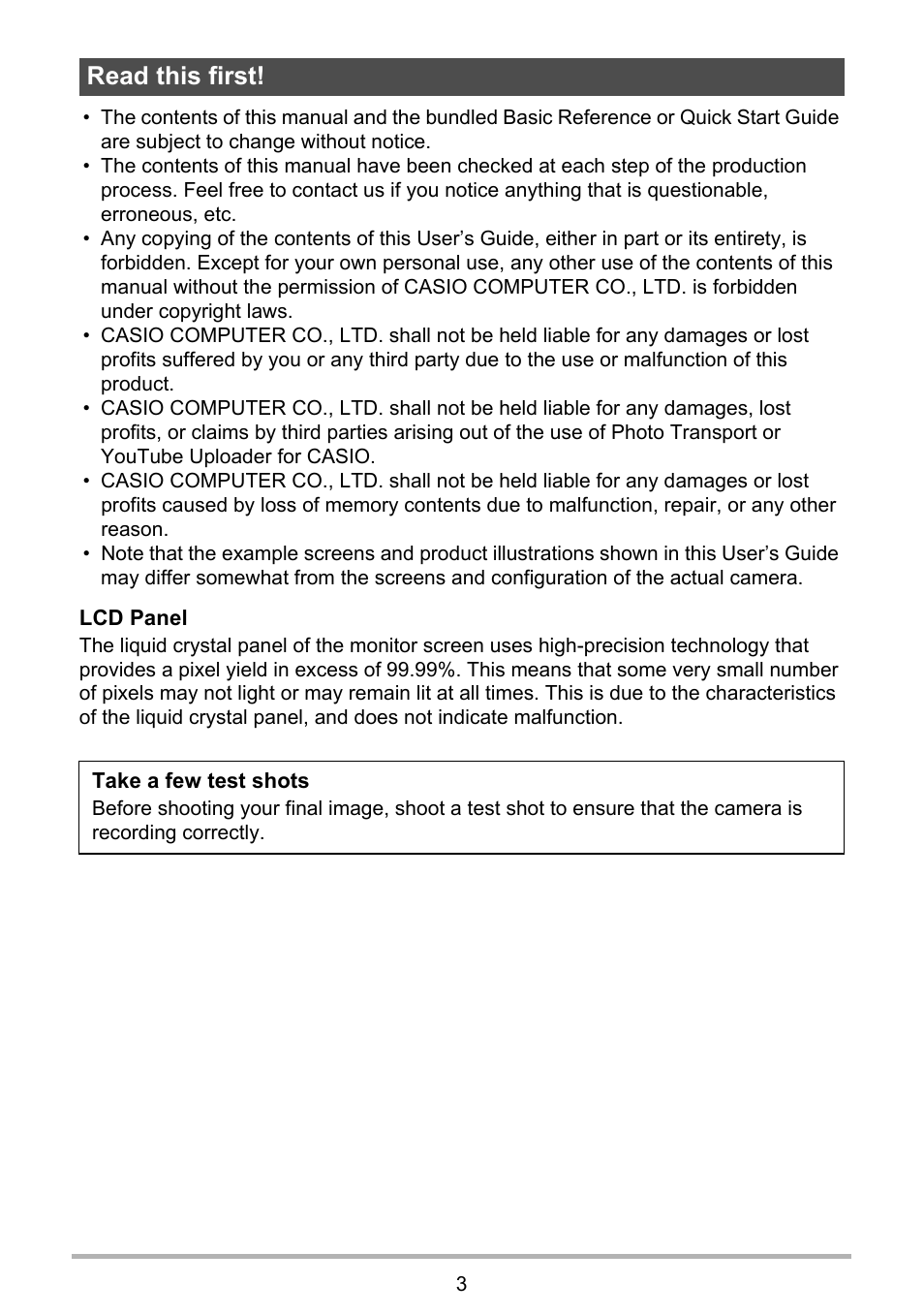 Read this first | Casio EXILIM EX-Z670 User Manual | Page 3 / 143
