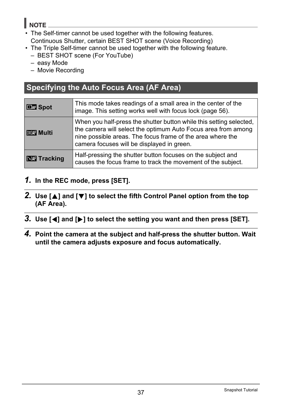 Specifying the auto focus area (af area) | Casio EXILIM EX-Z670 User Manual | Page 37 / 143