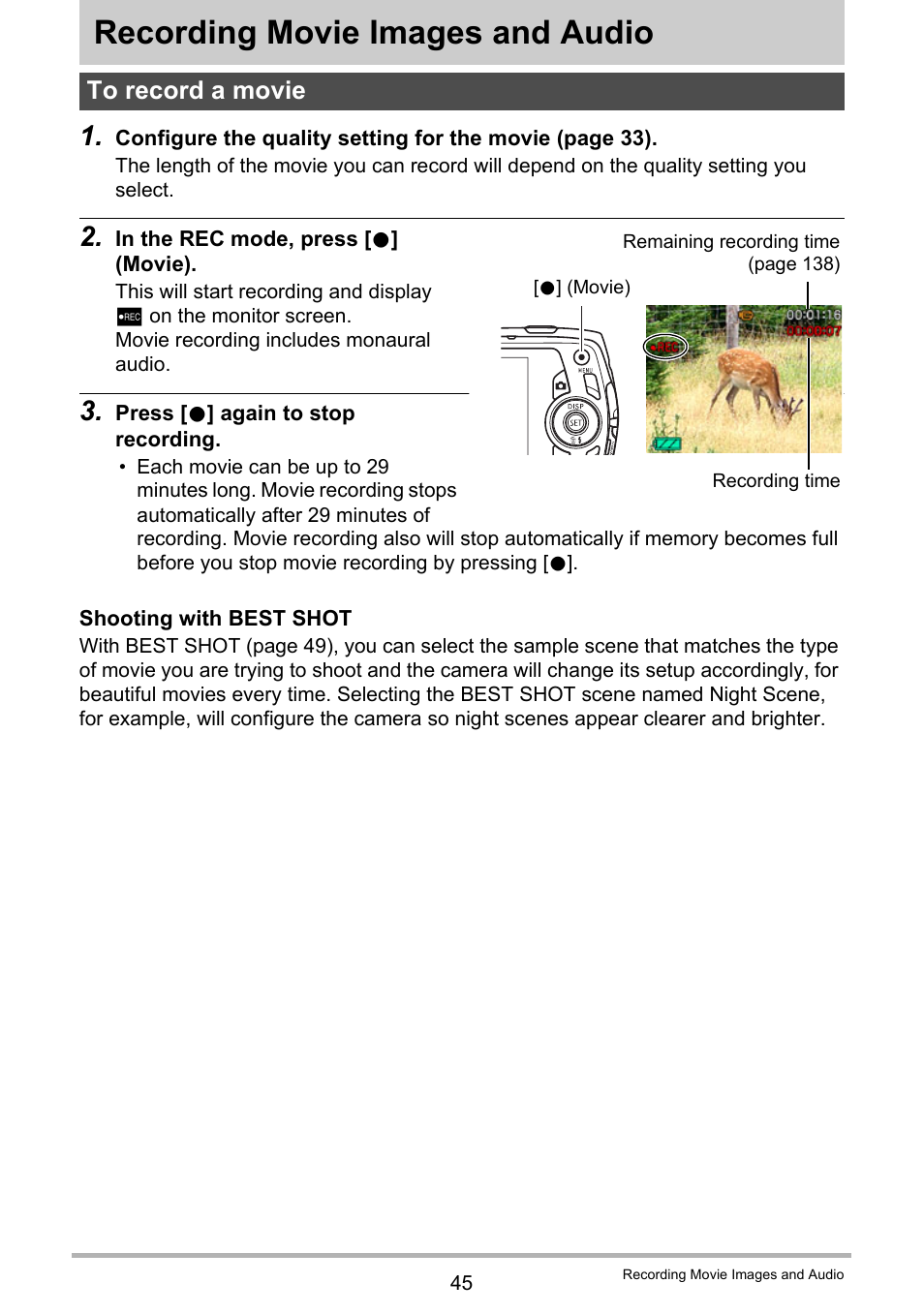 Recording movie images and audio, To record a movie | Casio EXILIM EX-Z670 User Manual | Page 45 / 143