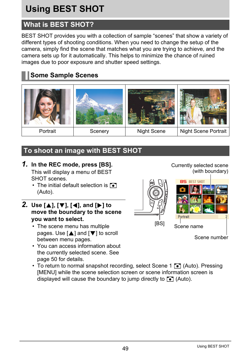 Using best shot, What is best shot, Some sample scenes | To shoot an image with best shot | Casio EXILIM EX-Z670 User Manual | Page 49 / 143