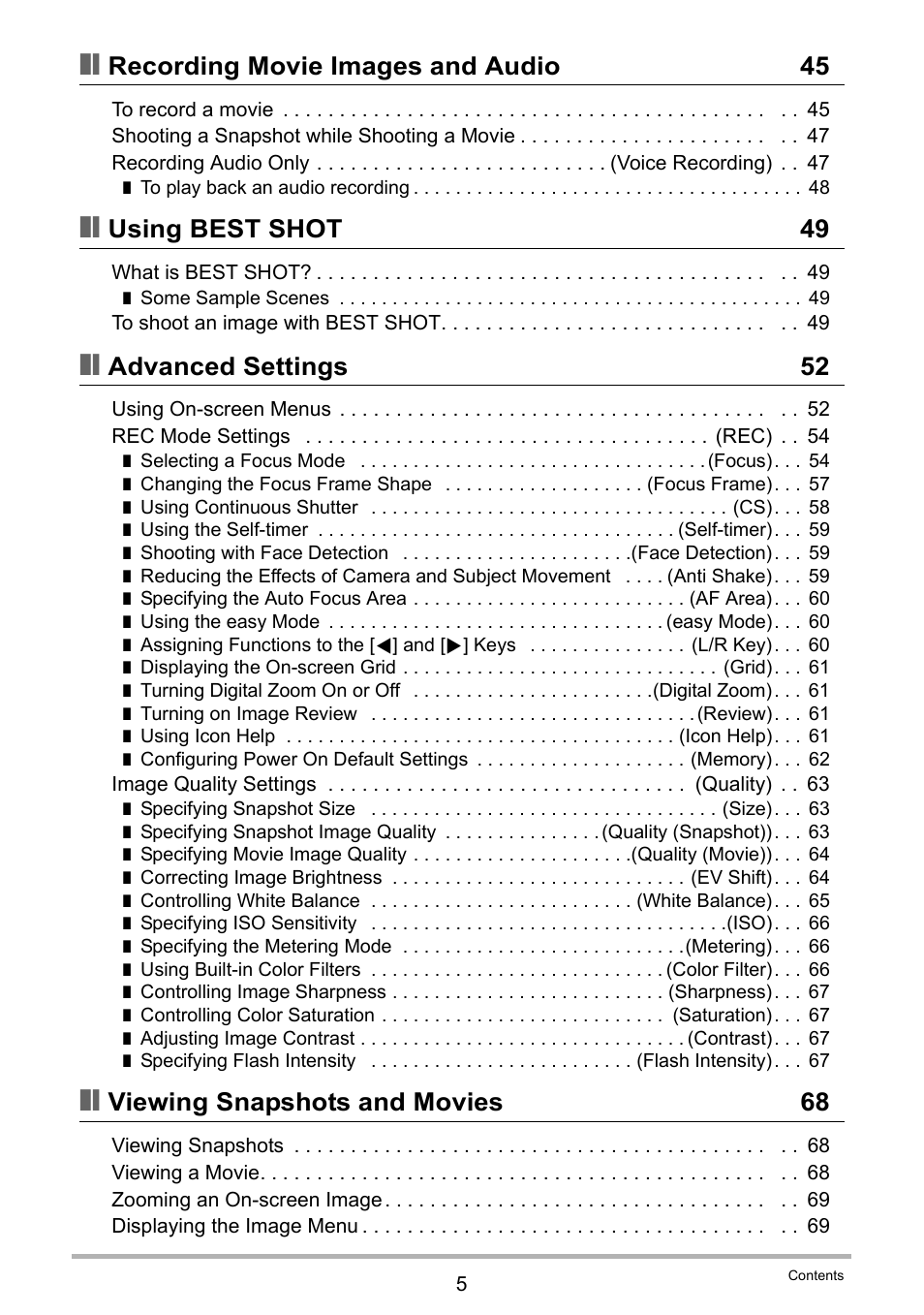 Recording movie images and audio 45, Using best shot 49, Advanced settings 52 | Viewing snapshots and movies 68 | Casio EXILIM EX-Z670 User Manual | Page 5 / 143