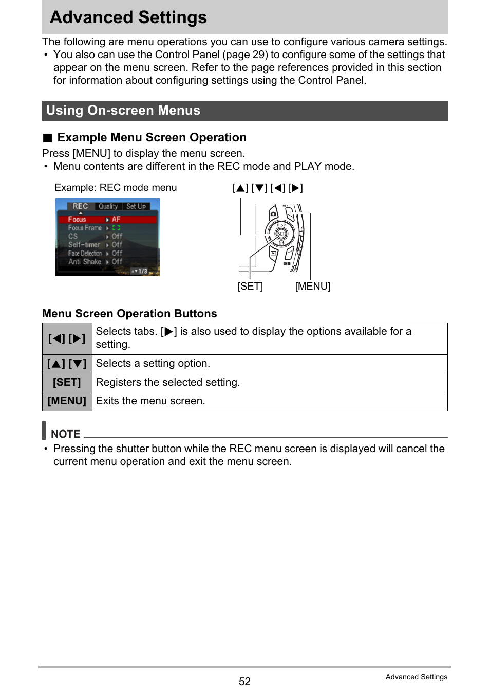 Advanced settings, Using on-screen menus | Casio EXILIM EX-Z670 User Manual | Page 52 / 143
