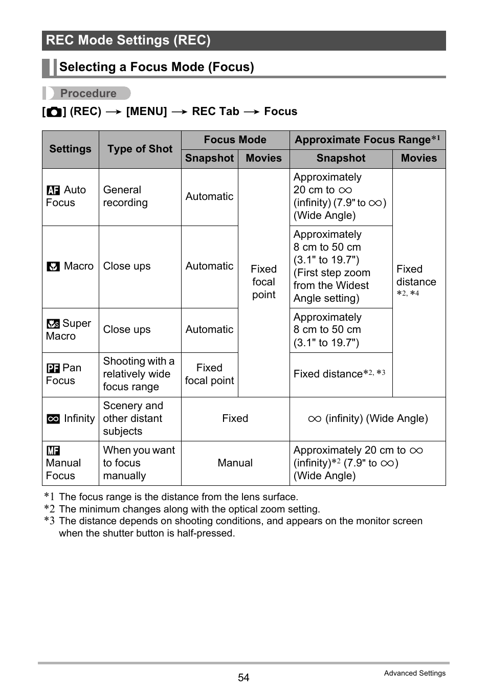 Rec mode settings (rec), Selecting a focus mode (focus) | Casio EXILIM EX-Z670 User Manual | Page 54 / 143