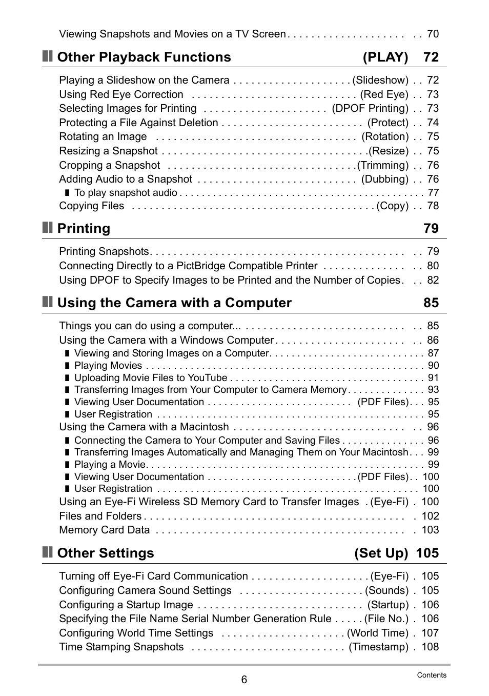 Other playback functions (play) 72, Printing 79, Using the camera with a computer 85 | Other settings (set up) 105 | Casio EXILIM EX-Z670 User Manual | Page 6 / 143