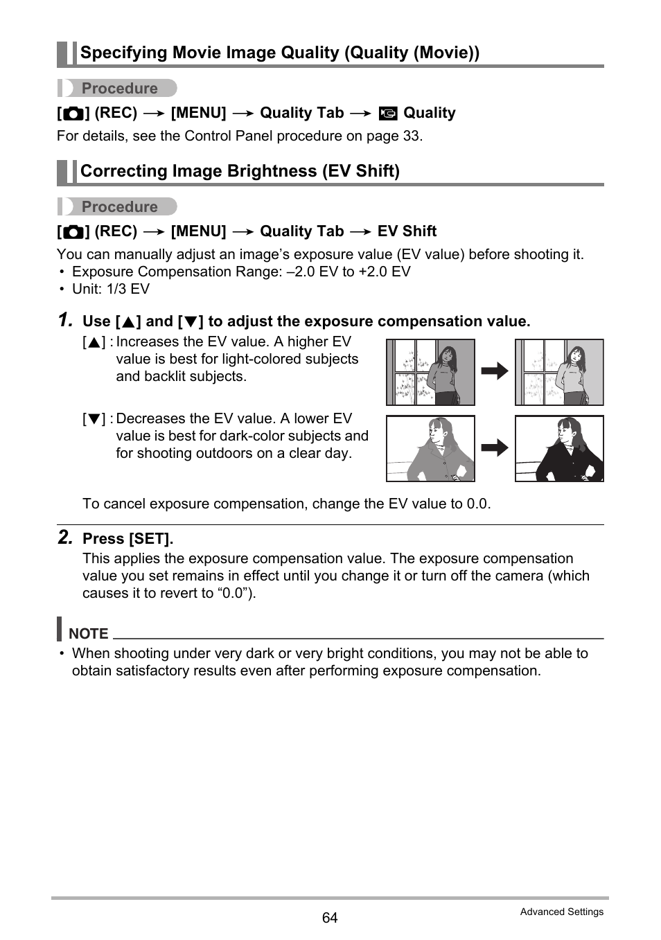 Specifying movie image quality (quality (movie)), Correcting image brightness (ev shift) | Casio EXILIM EX-Z670 User Manual | Page 64 / 143