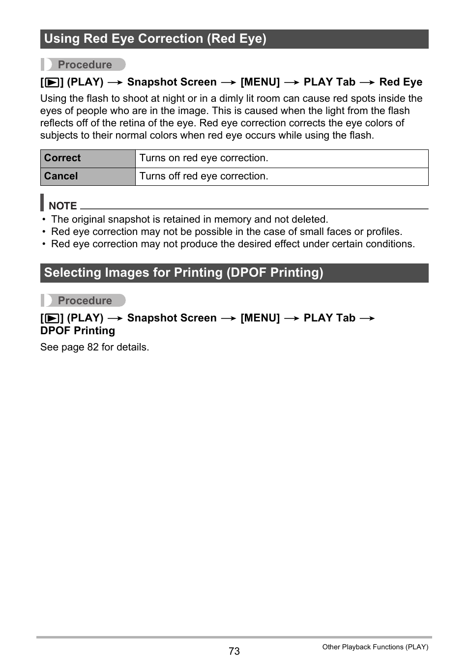 Using red eye correction (red eye), Selecting images for printing (dpof printing) | Casio EXILIM EX-Z670 User Manual | Page 73 / 143