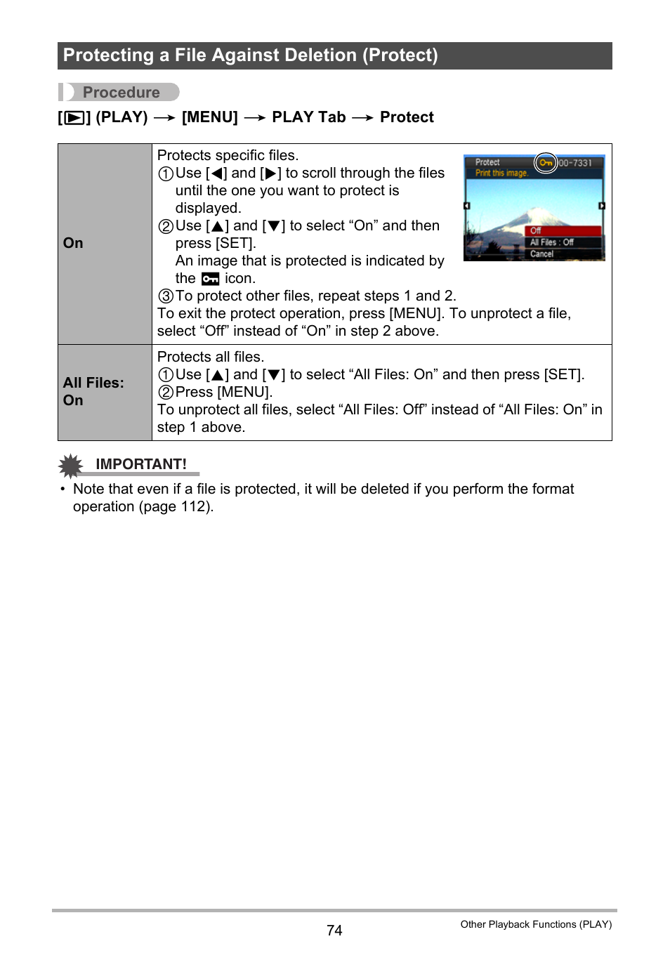 Protecting a file against deletion (protect) | Casio EXILIM EX-Z670 User Manual | Page 74 / 143