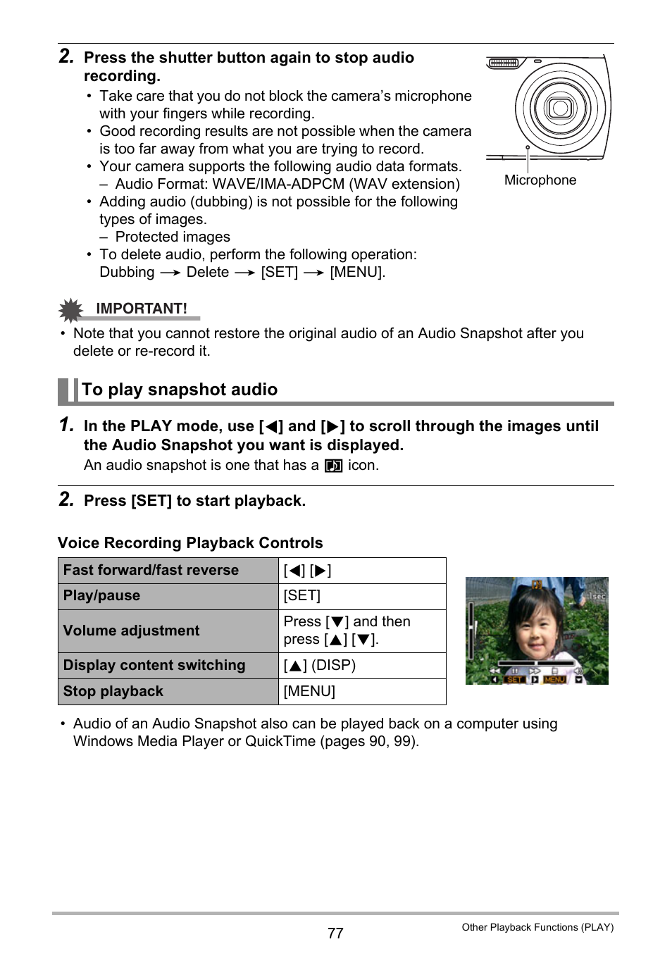 To play snapshot audio | Casio EXILIM EX-Z670 User Manual | Page 77 / 143