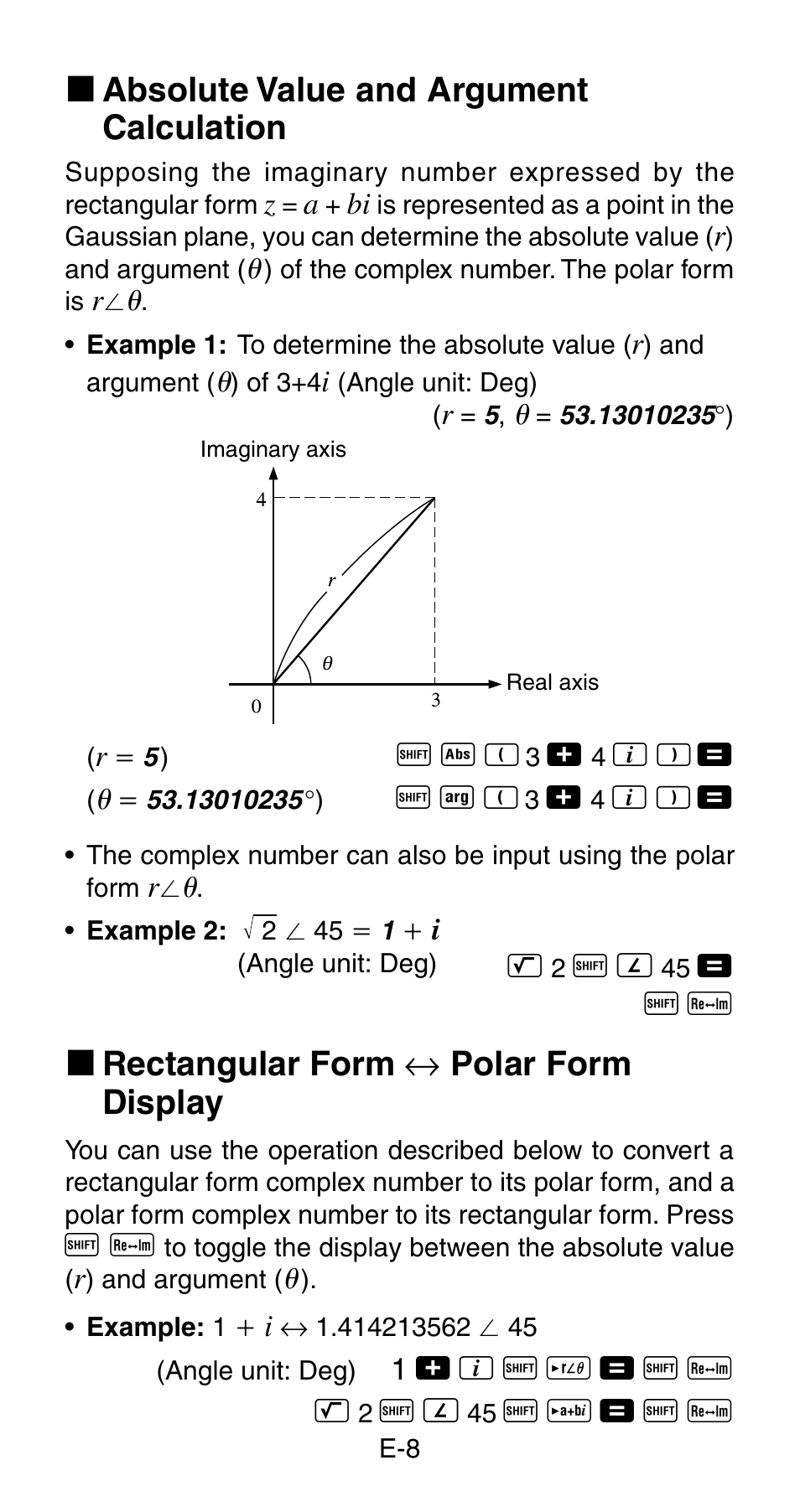 K absolute value and argument calculation, K rectangular form ↔ polar form display | Casio fx115ms User Manual | Page 10 / 19