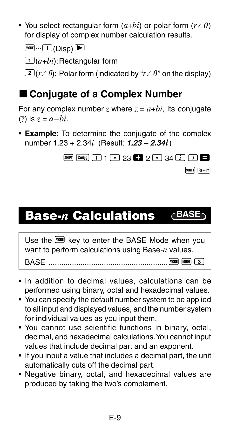 Base, Calculations, K conjugate of a complex number | Casio fx115ms User Manual | Page 11 / 19