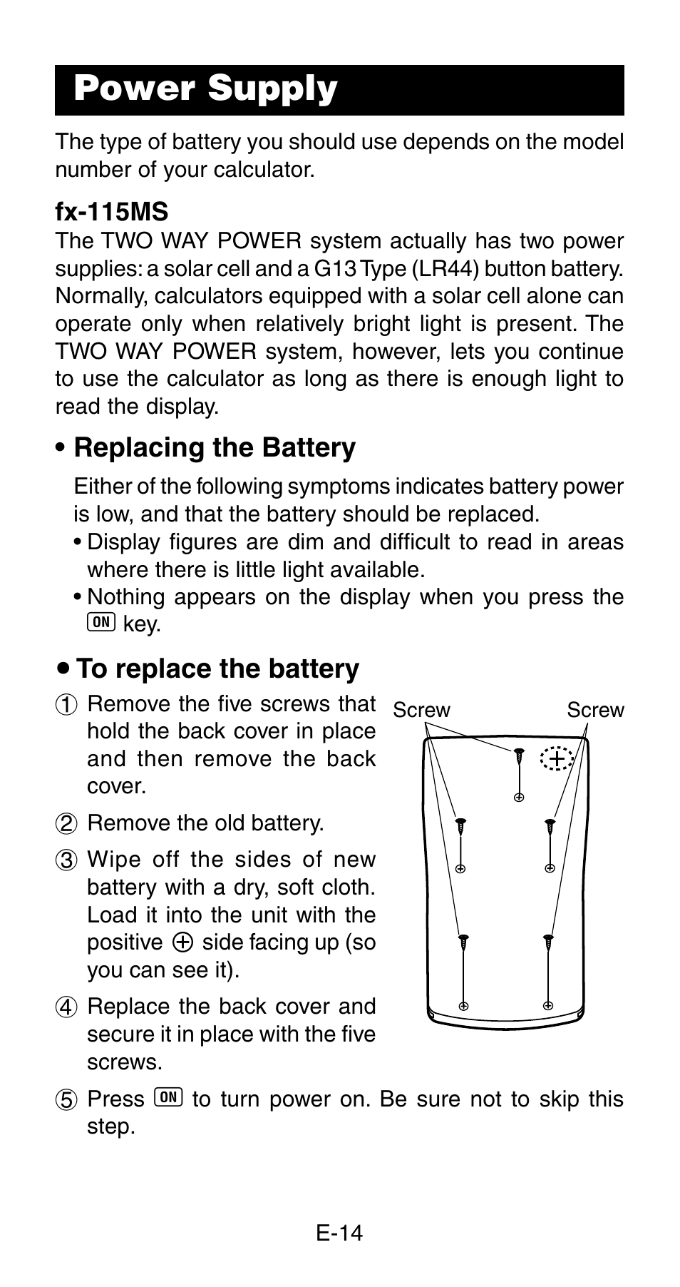 Power supply | Casio fx115ms User Manual | Page 16 / 19