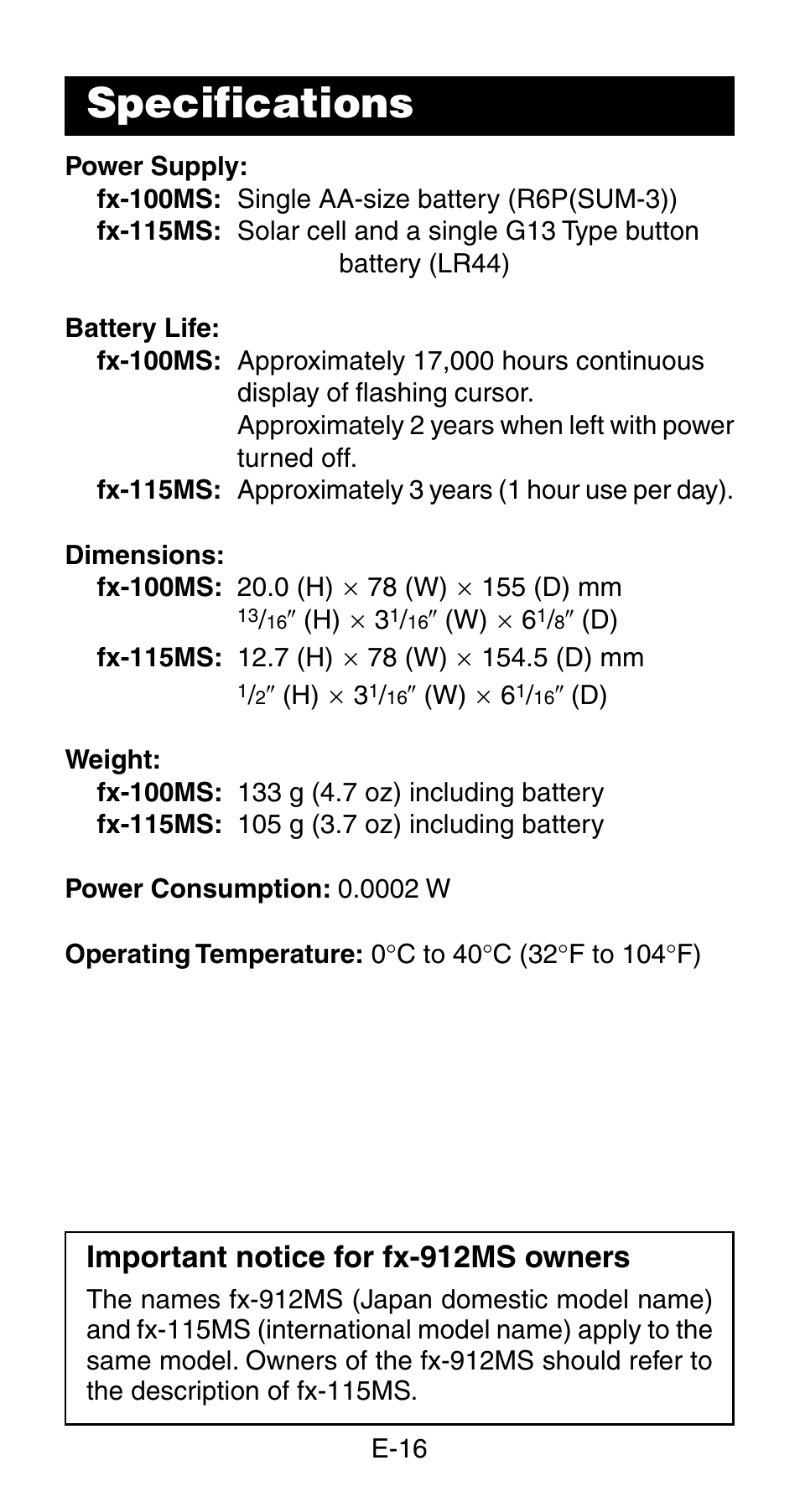 Specifications, Important notice for fx-912ms owners | Casio fx115ms User Manual | Page 18 / 19