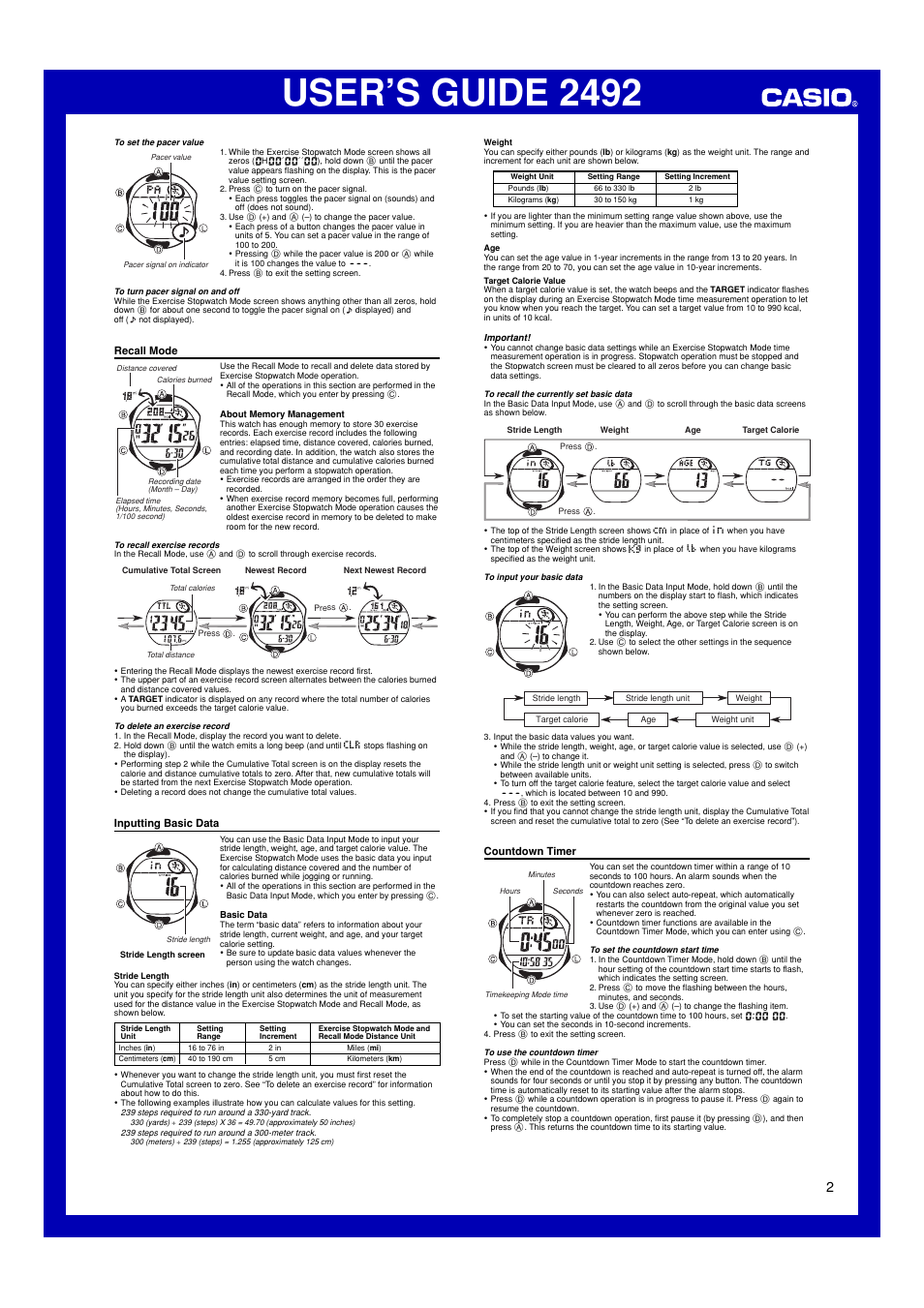 Recall mode, Inputting basic data, Countdown timer | User’s guide 2492 | Casio 2492 User Manual | Page 2 / 3