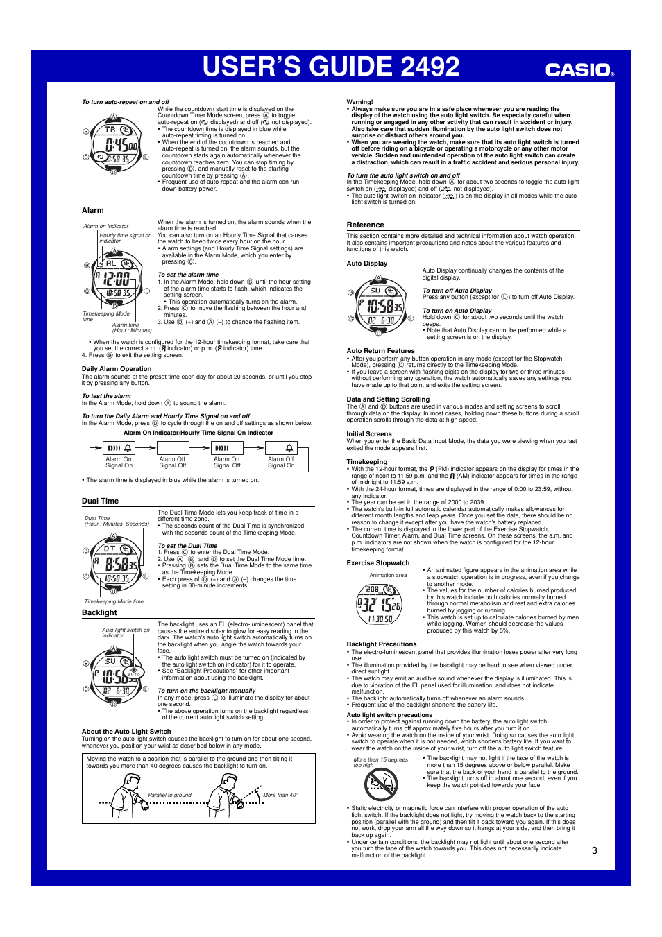 Alarm, Dual time, Backlight | Reference, User’s guide 2492 | Casio 2492 User Manual | Page 3 / 3
