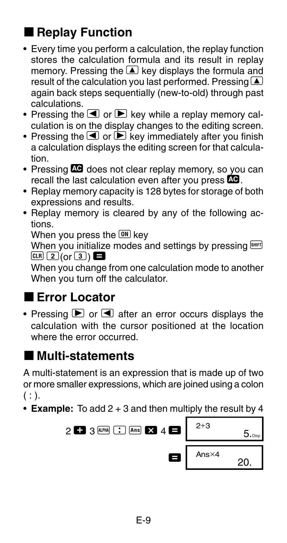 K replay function, K error locator, K multi-statements | Casio fx-83MS User Manual | Page 11 / 40