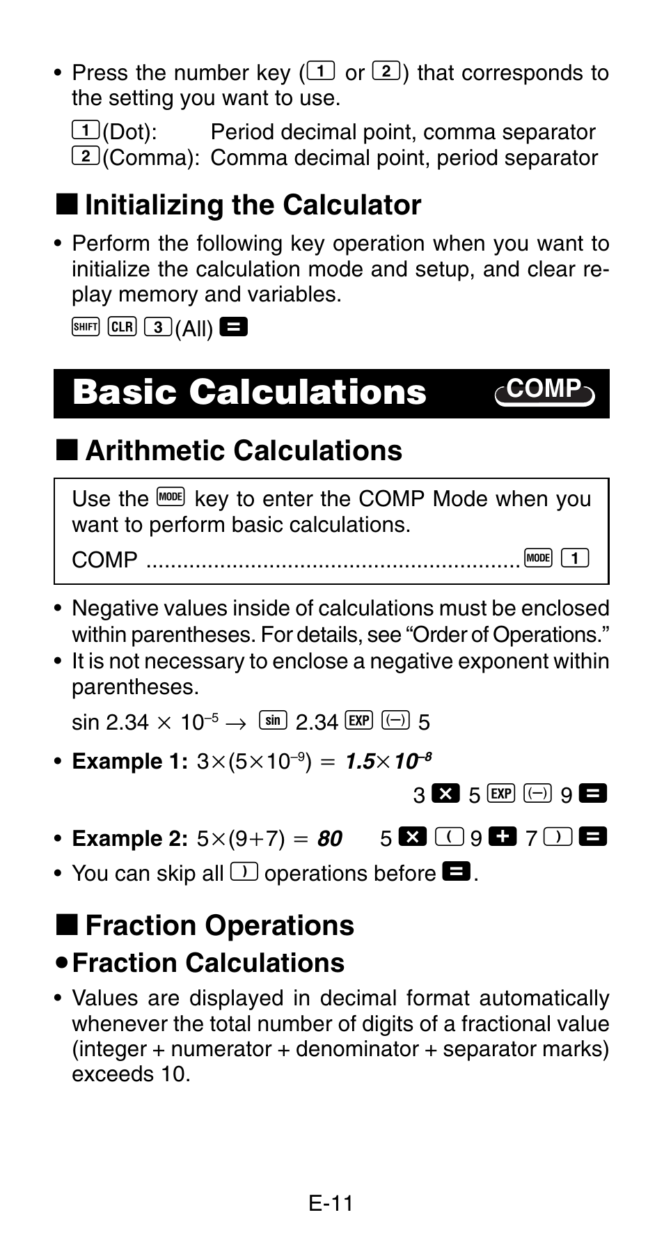Basic calculations, K initializing the calculator, K arithmetic calculations | K fraction operations | Casio fx-83MS User Manual | Page 13 / 40