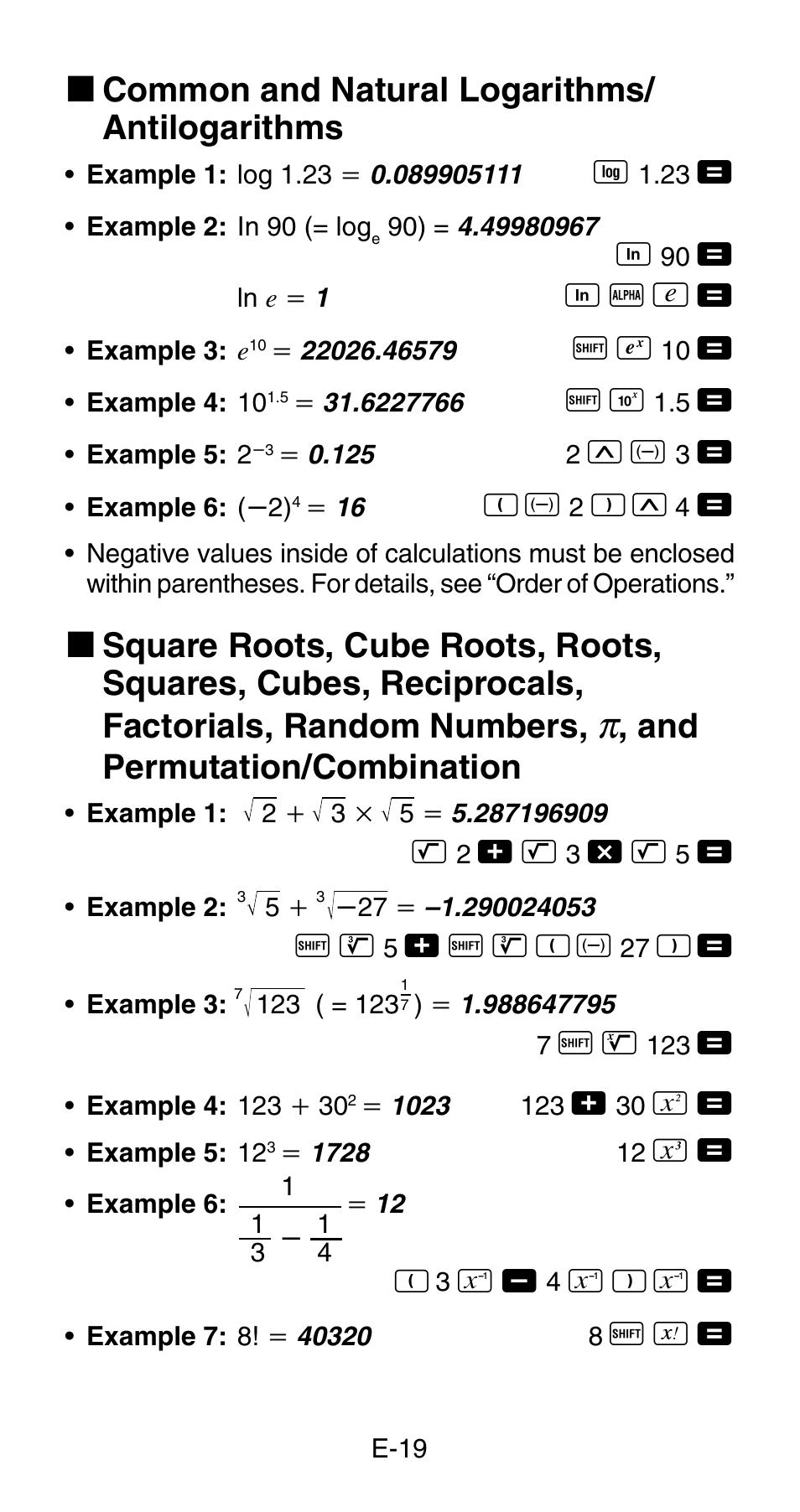 K common and natural logarithms/ antilogarithms, And permutation/combination | Casio fx-83MS User Manual | Page 21 / 40
