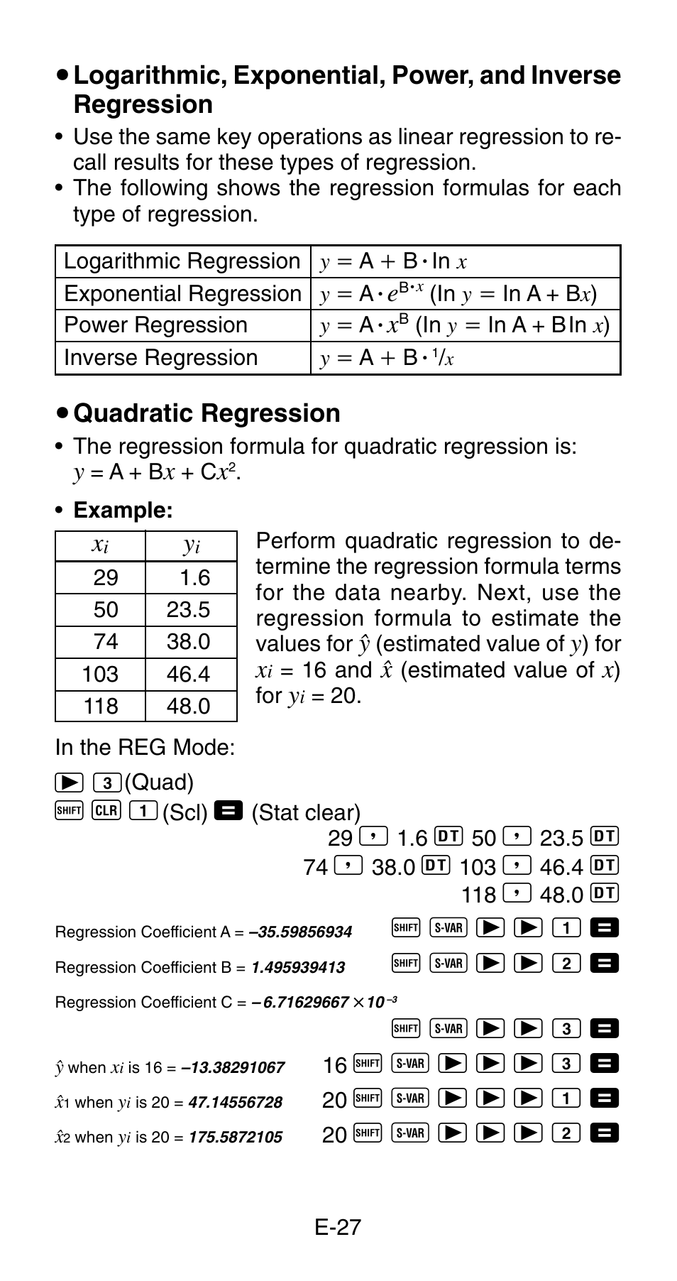 U quadratic regression | Casio fx-83MS User Manual | Page 29 / 40