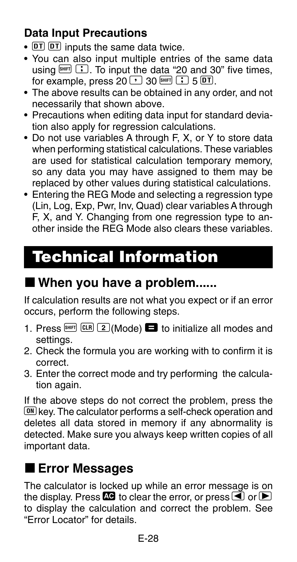 Technical information, K when you have a problem, K error messages | Casio fx-83MS User Manual | Page 30 / 40