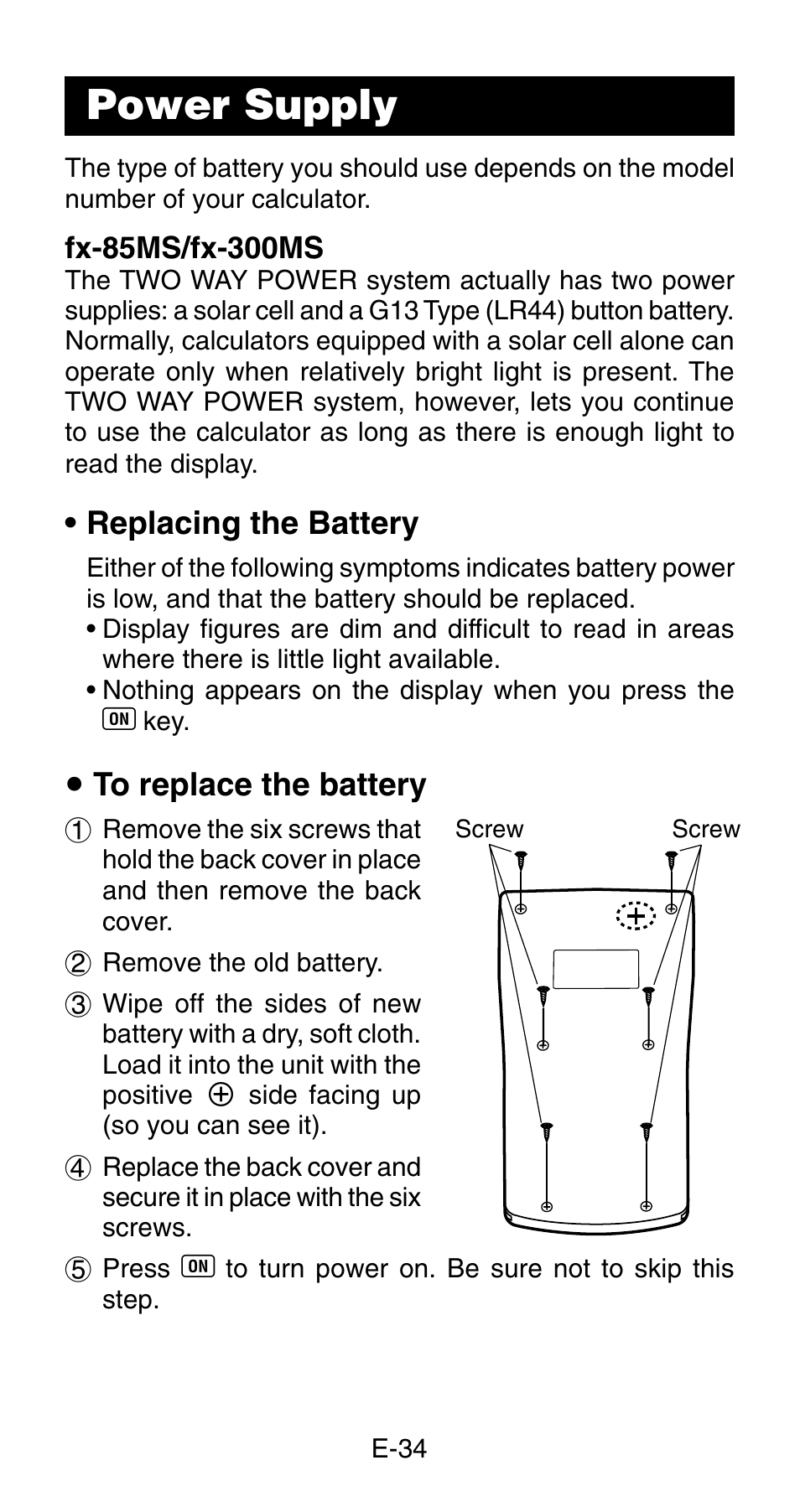 Power supply | Casio fx-83MS User Manual | Page 36 / 40