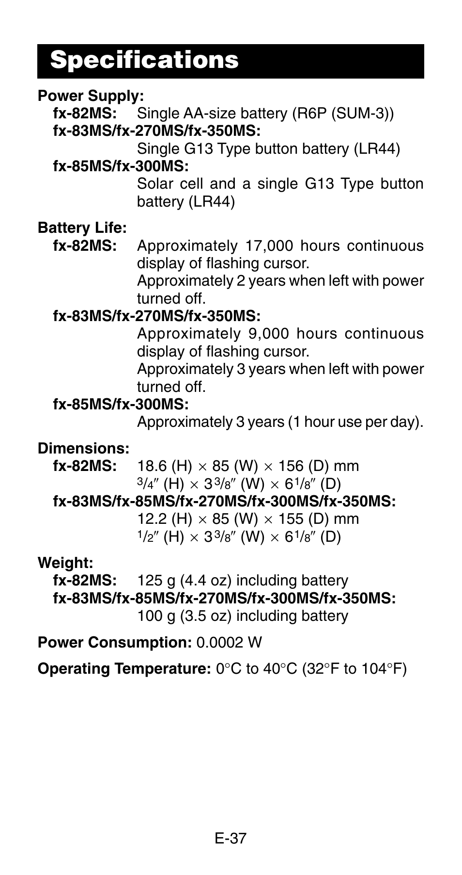 Specifications | Casio fx-83MS User Manual | Page 39 / 40