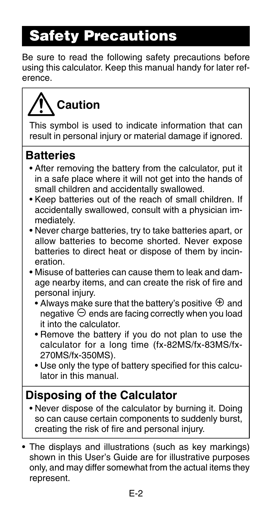 Safety precautions, Caution, Batteries | Disposing of the calculator | Casio fx-83MS User Manual | Page 4 / 40