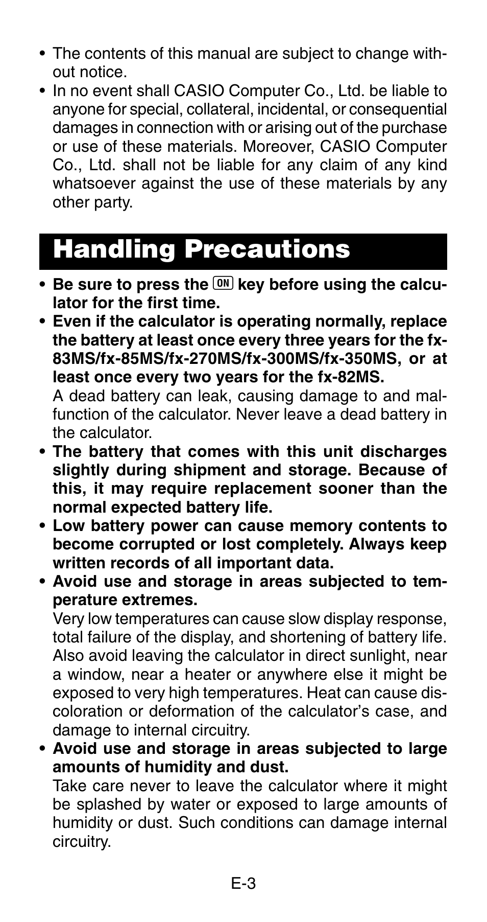 Handling precautions | Casio fx-83MS User Manual | Page 5 / 40