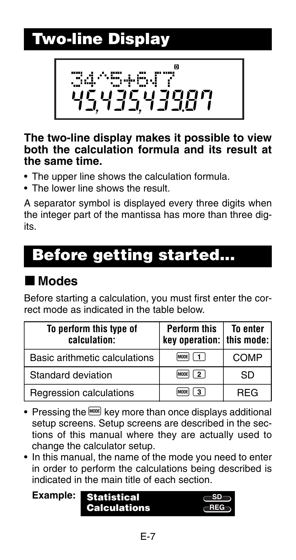 Two-line display, Before getting started, K modes | Casio fx-83MS User Manual | Page 9 / 40