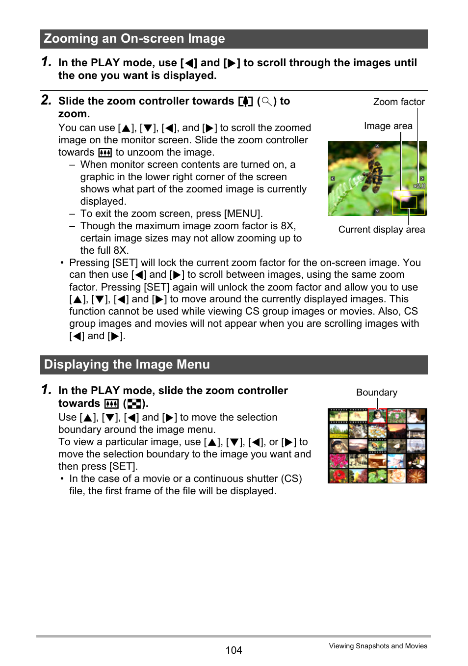 Zooming an on-screen image, Displaying the image menu, Age 104) | Casio EXILIM EX-ZR10 User Manual | Page 104 / 199
