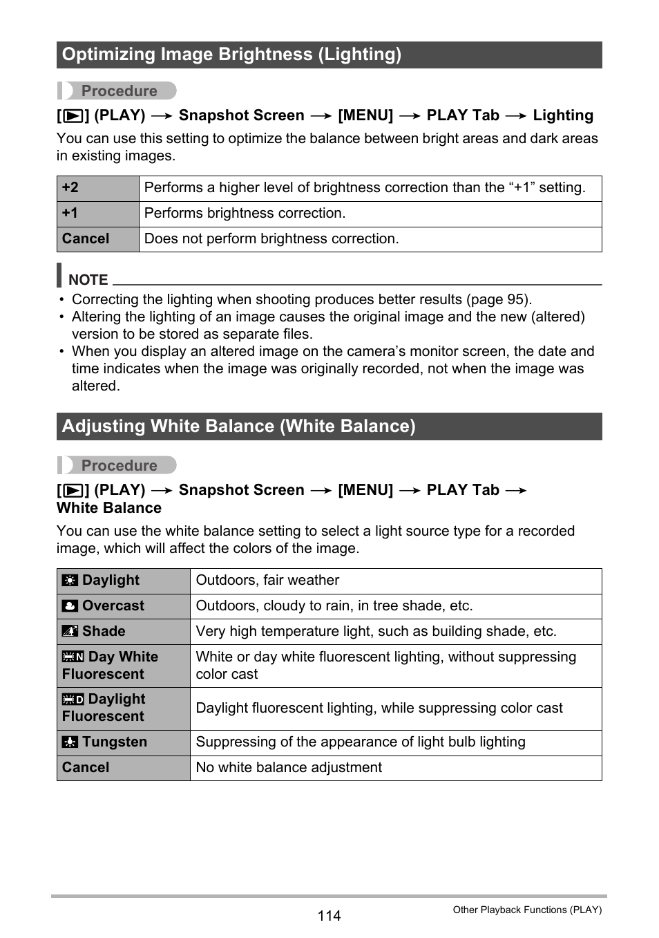 Optimizing image brightness (lighting), Adjusting white balance (white balance) | Casio EXILIM EX-ZR10 User Manual | Page 114 / 199