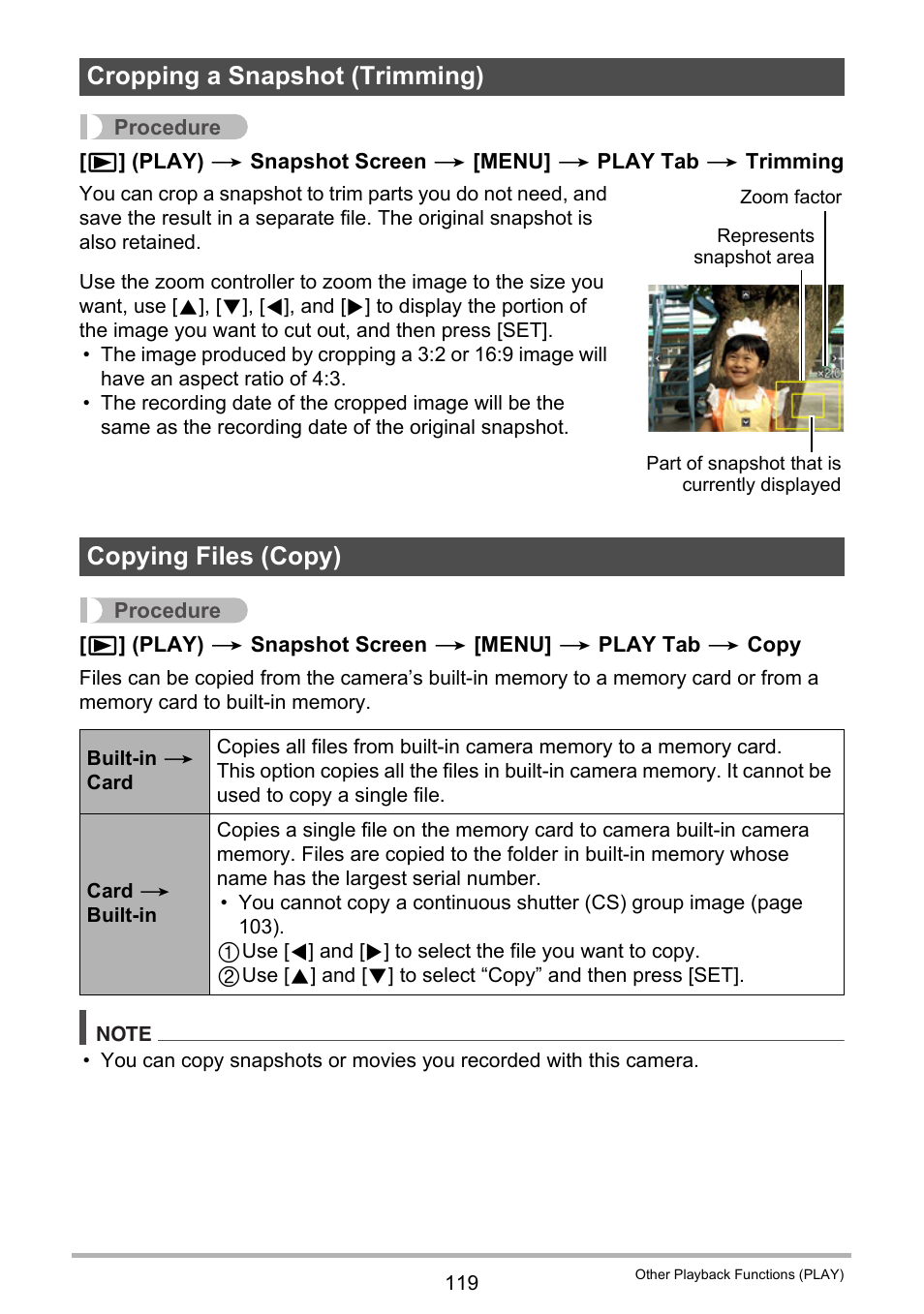 Cropping a snapshot (trimming), Copying files (copy) | Casio EXILIM EX-ZR10 User Manual | Page 119 / 199