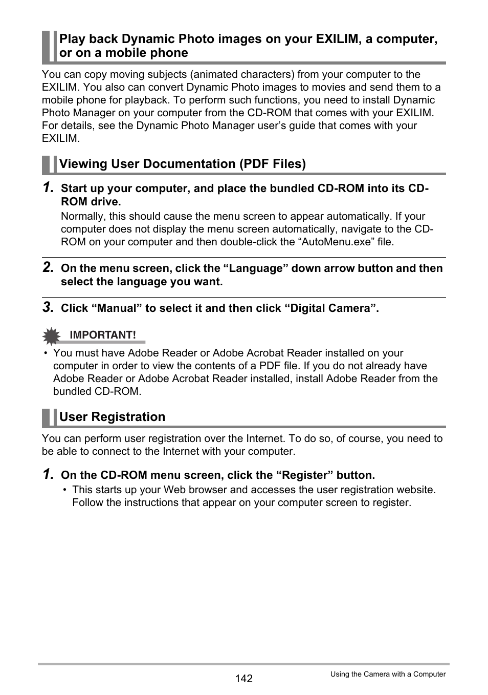 Viewing user documentation (pdf files), User registration, E 142) | Casio EXILIM EX-ZR10 User Manual | Page 142 / 199