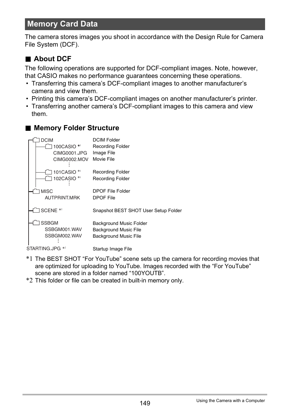 Memory card data, Nized in memory, see “memory folder, About dcf | Casio EXILIM EX-ZR10 User Manual | Page 149 / 199