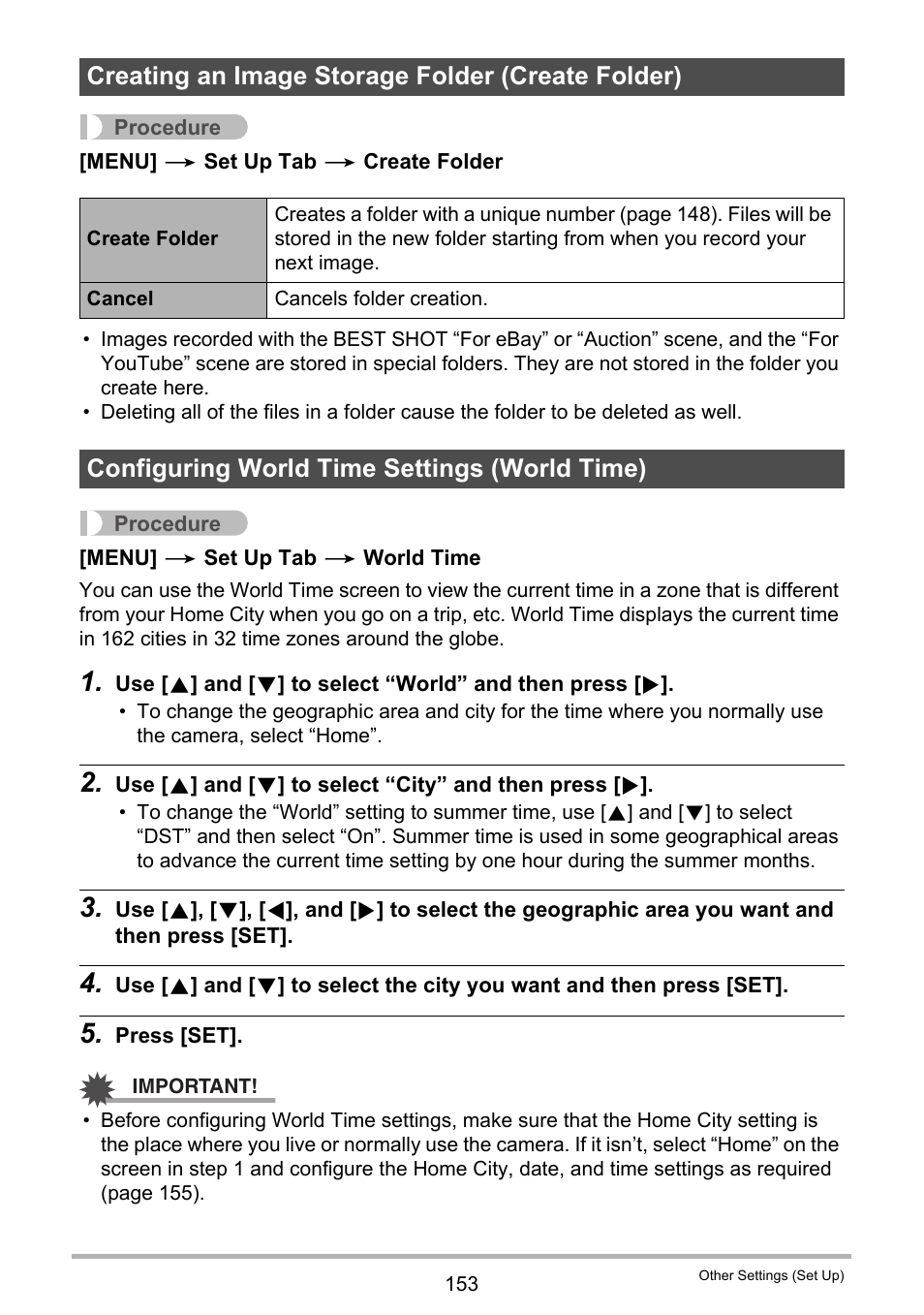 Creating an image storage folder (create folder), Configuring world time settings (world time) | Casio EXILIM EX-ZR10 User Manual | Page 153 / 199