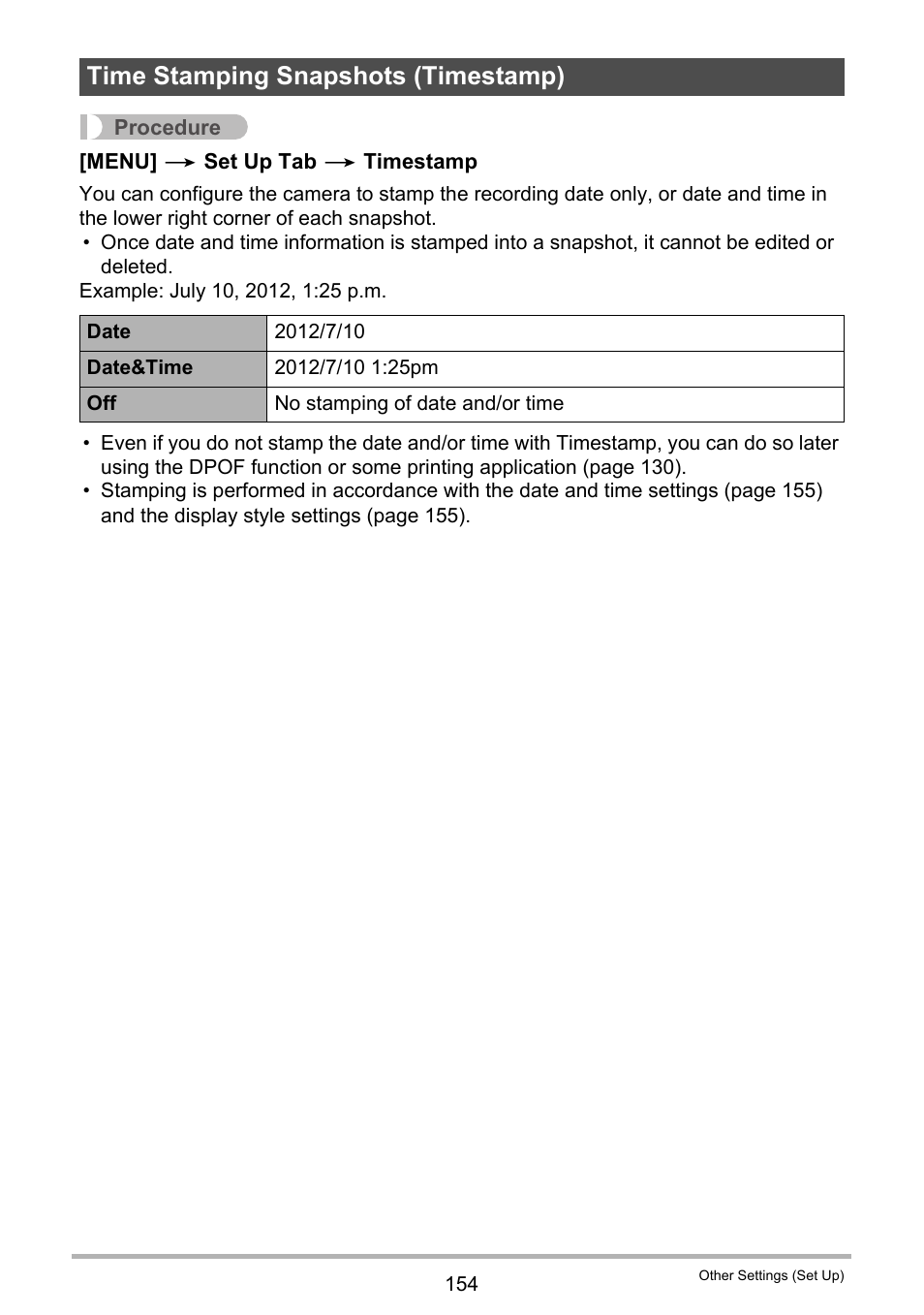 Time stamping snapshots (timestamp) | Casio EXILIM EX-ZR10 User Manual | Page 154 / 199