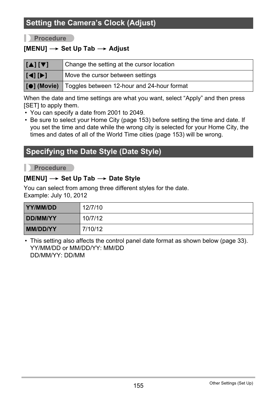 Setting the camera’s clock (adjust), Specifying the date style (date style) | Casio EXILIM EX-ZR10 User Manual | Page 155 / 199