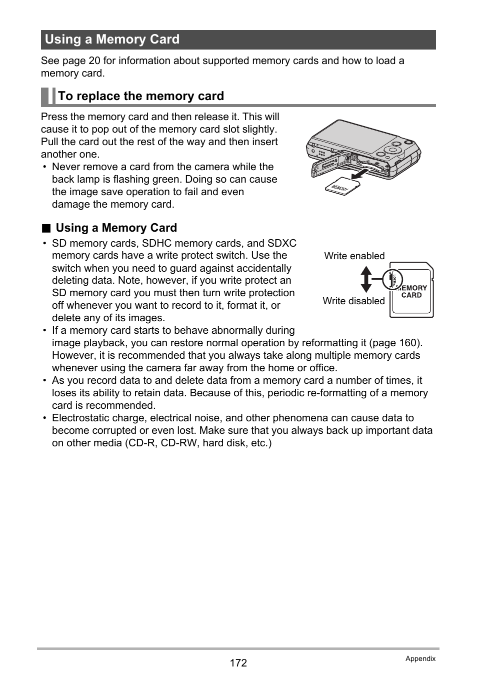 Using a memory card, To replace the memory card | Casio EXILIM EX-ZR10 User Manual | Page 172 / 199