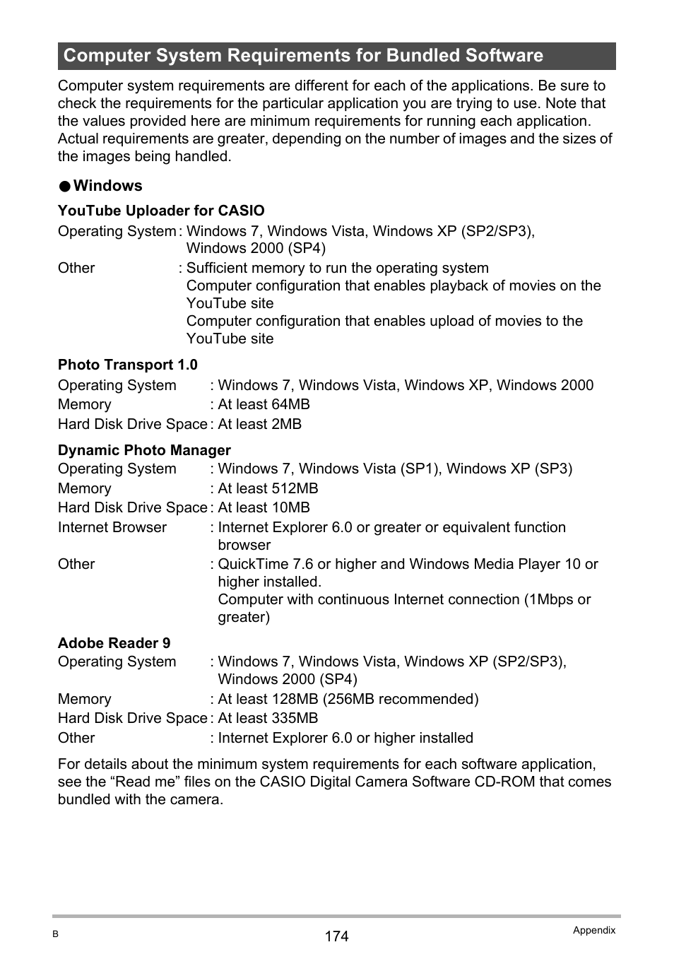 Computer system requirements for bundled software | Casio EXILIM EX-ZR10 User Manual | Page 174 / 199