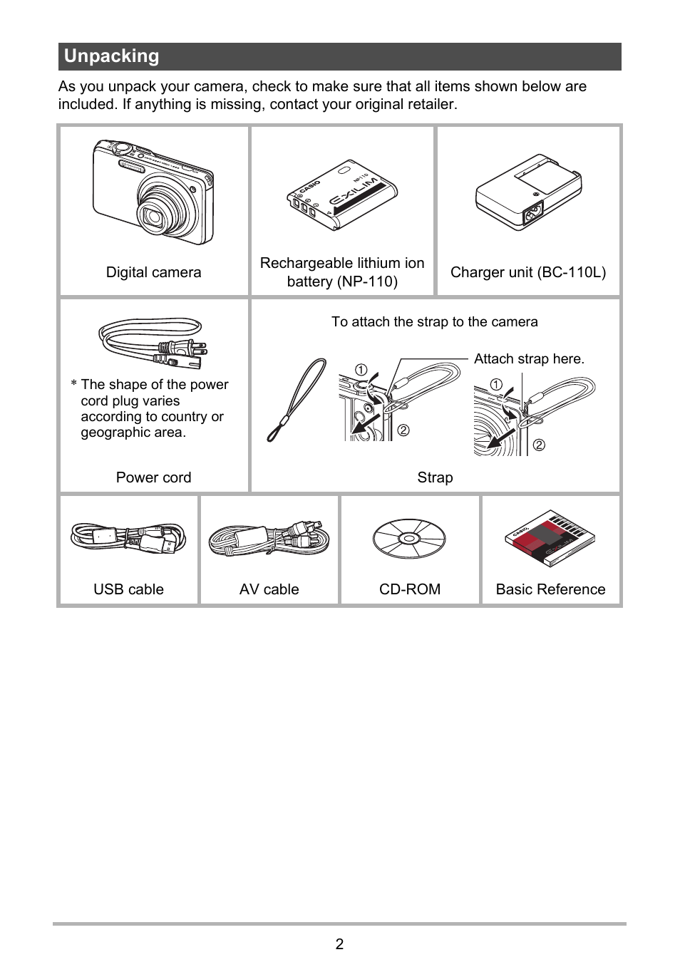 Unpacking | Casio EXILIM EX-ZR10 User Manual | Page 2 / 199