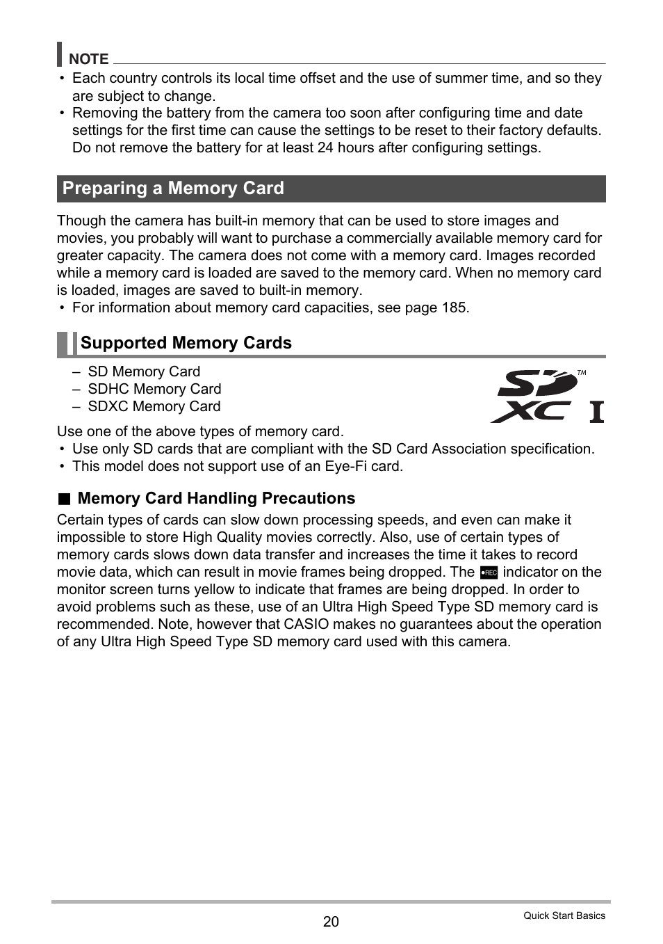 Preparing a memory card, Supported memory cards | Casio EXILIM EX-ZR10 User Manual | Page 20 / 199