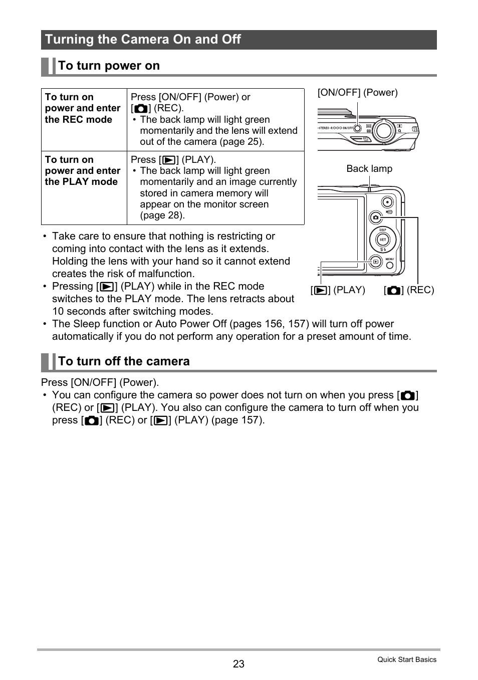 Turning the camera on and off, To turn power on, To turn off the camera | Casio EXILIM EX-ZR10 User Manual | Page 23 / 199