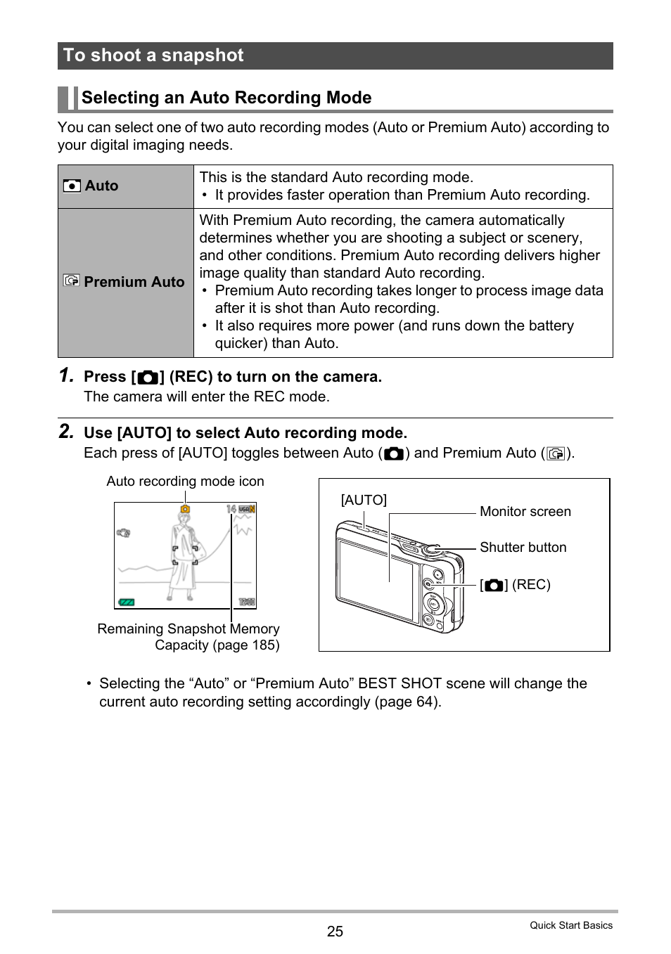 To shoot a snapshot, Selecting an auto recording mode, E 25 | Casio EXILIM EX-ZR10 User Manual | Page 25 / 199