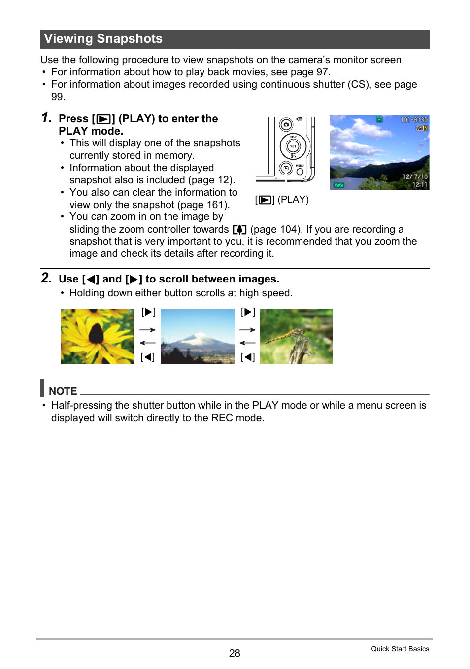 Viewing snapshots, E 28 | Casio EXILIM EX-ZR10 User Manual | Page 28 / 199