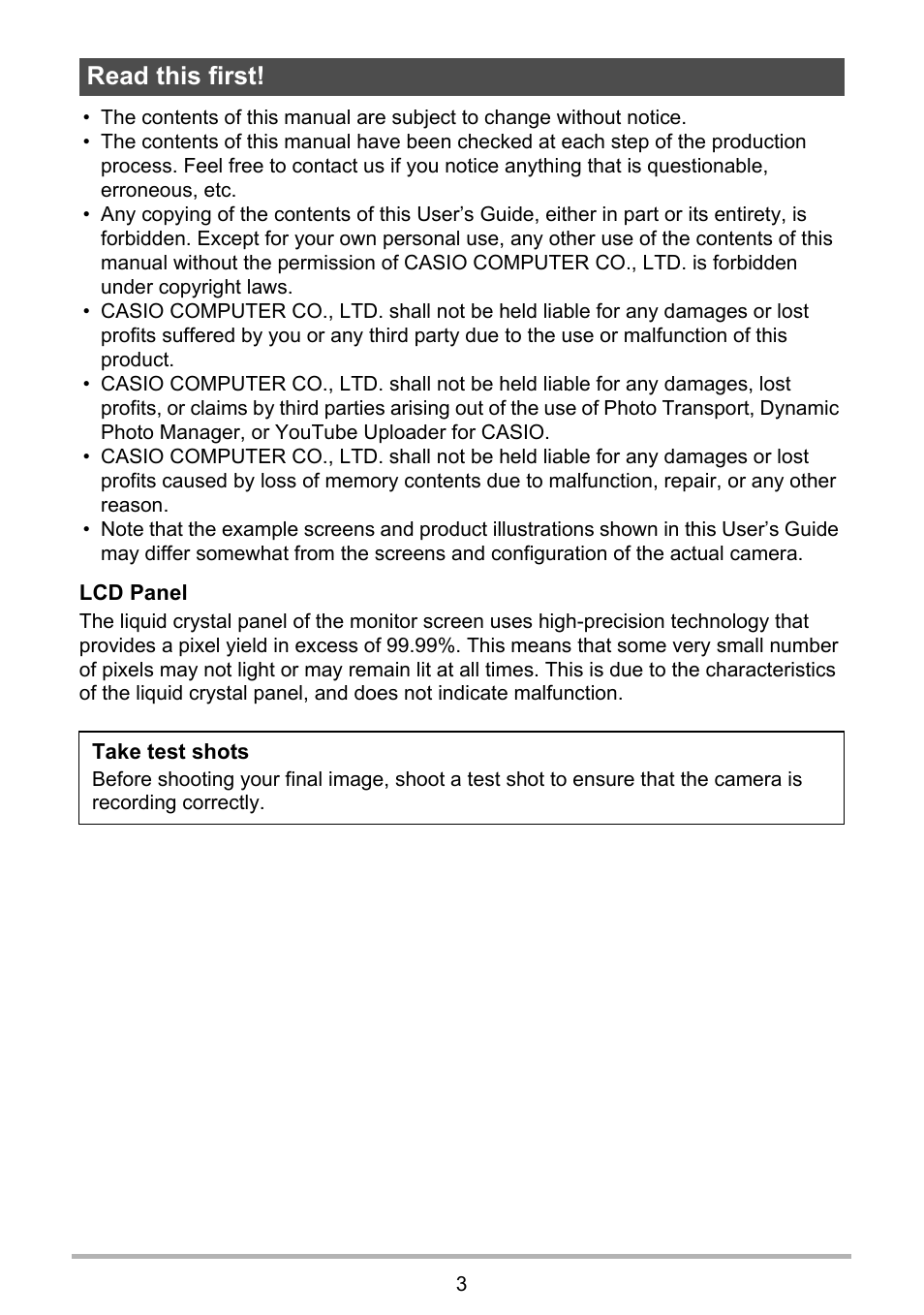Read this first | Casio EXILIM EX-ZR10 User Manual | Page 3 / 199
