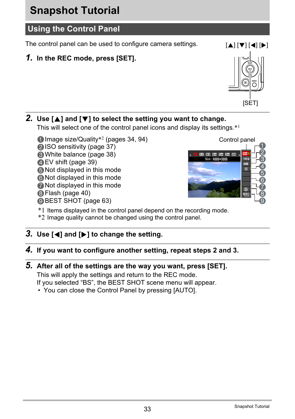 Snapshot tutorial, Using the control panel | Casio EXILIM EX-ZR10 User Manual | Page 33 / 199