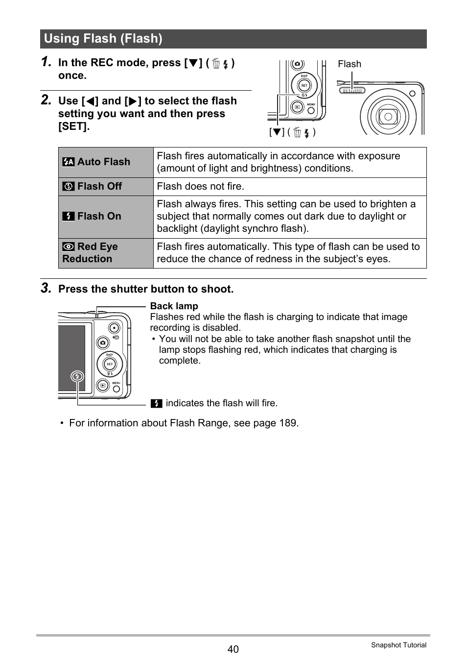 Using flash (flash) | Casio EXILIM EX-ZR10 User Manual | Page 40 / 199