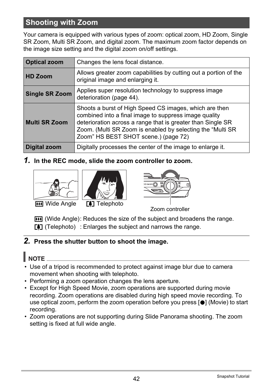 Shooting with zoom | Casio EXILIM EX-ZR10 User Manual | Page 42 / 199