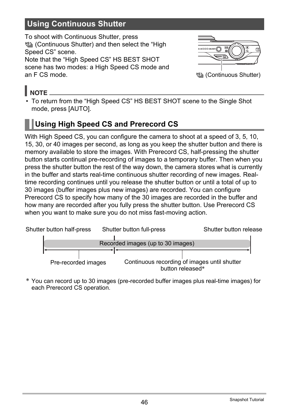 Using continuous shutter, Using high speed cs and prerecord cs, For more inform | Casio EXILIM EX-ZR10 User Manual | Page 46 / 199