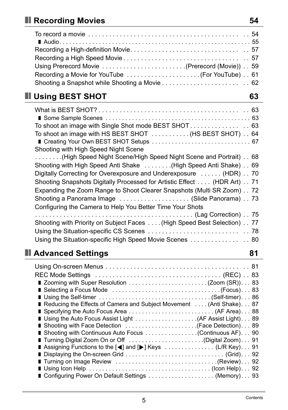 Recording movies 54, Using best shot 63, Advanced settings 81 | Casio EXILIM EX-ZR10 User Manual | Page 5 / 199